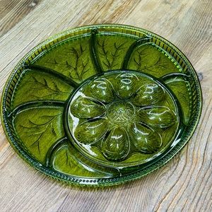 VTGE Indiana Green Depression Glass Deviled Egg & Vegetable Platter Serving Tray